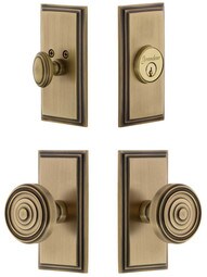 Grandeur Carre Entry Door Set, Keyed Alike with Soleil Knobs in Antique Brass.